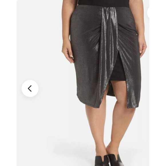 Leith Womens Plus Sz 1X Pencil Satin Midi Skirt Front Ruched Knot Metallic - Picture 1 of 6